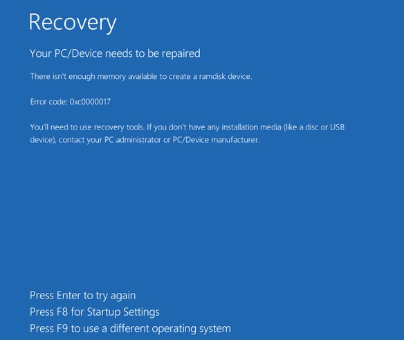 Исправлено: ошибка восстановления BlueScreen 0xc0000017 в Windows 10
