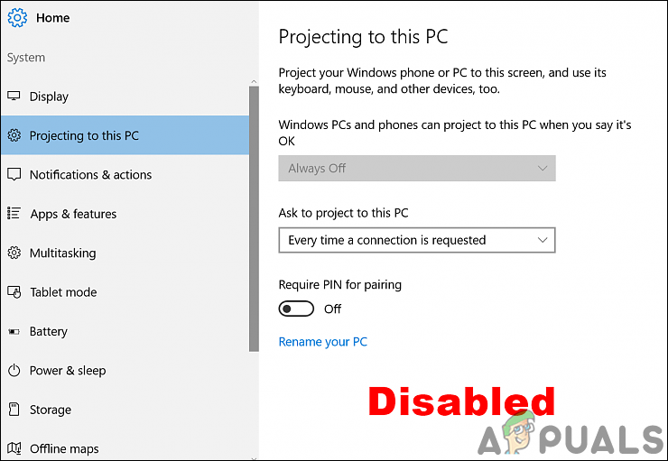 Как включить или отключить проецирование на этот компьютер в Windows 10?
