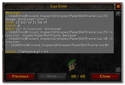 Исправьте ошибку LUA в Word of Warcraft в Windows
