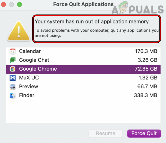 Исправлено: «В вашей системе закончилась память приложения» на Mac