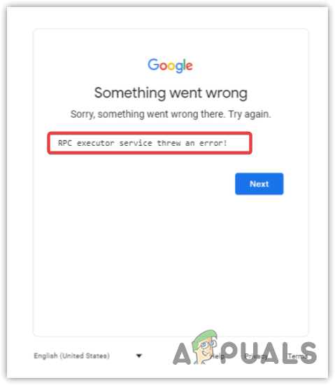 «Служба RPC Executor выдала ошибку» при входе в учетную запись Google